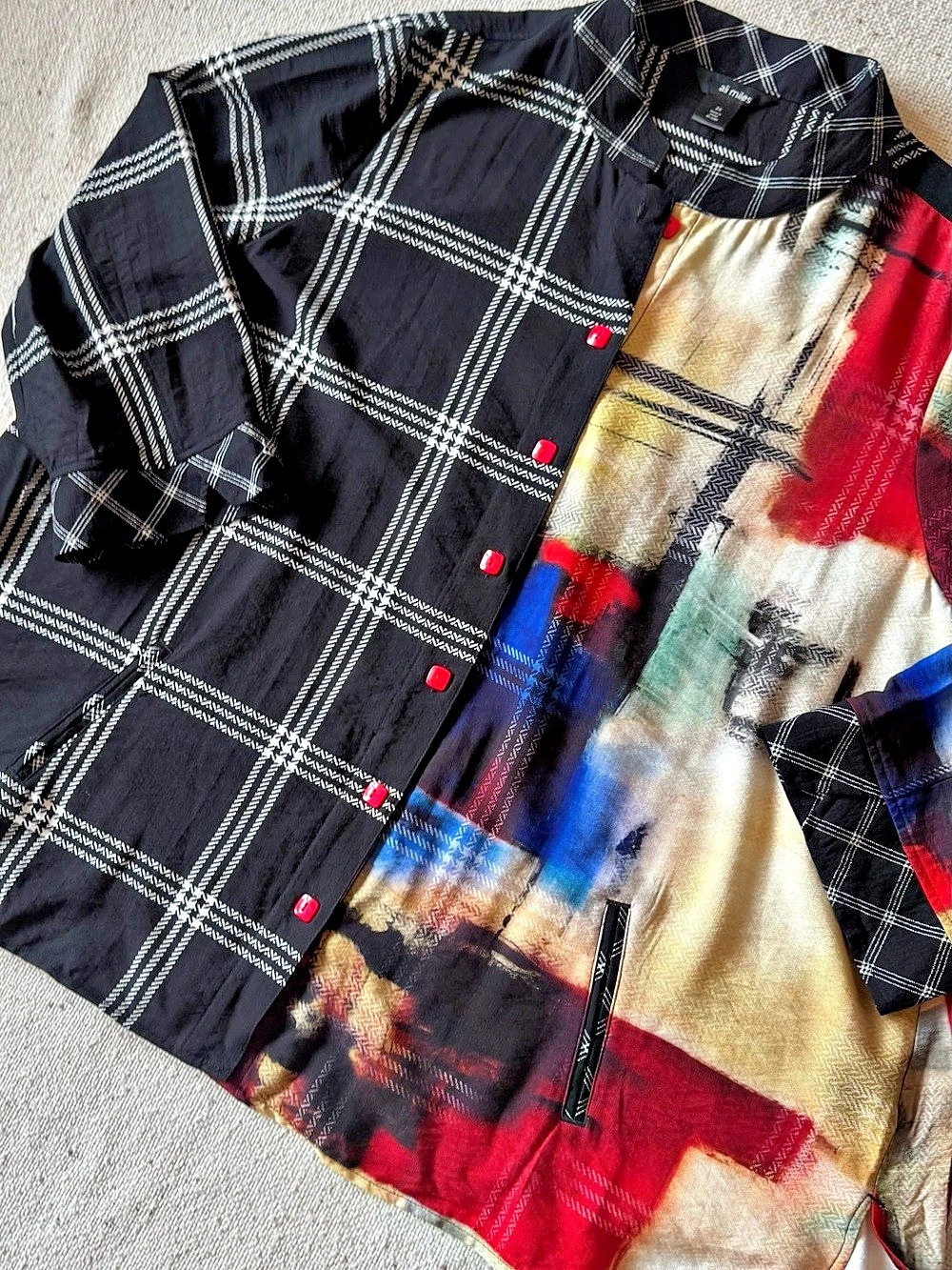 Ali Miles Women’s 2X Mixed Print Plaid Abstract Button Front Jacket Artsy Art to